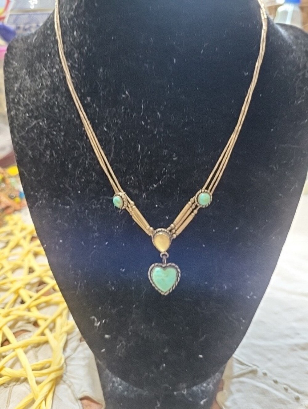 Vintage Sterling Turquoise Heart Pendant Multi-Strand Necklace